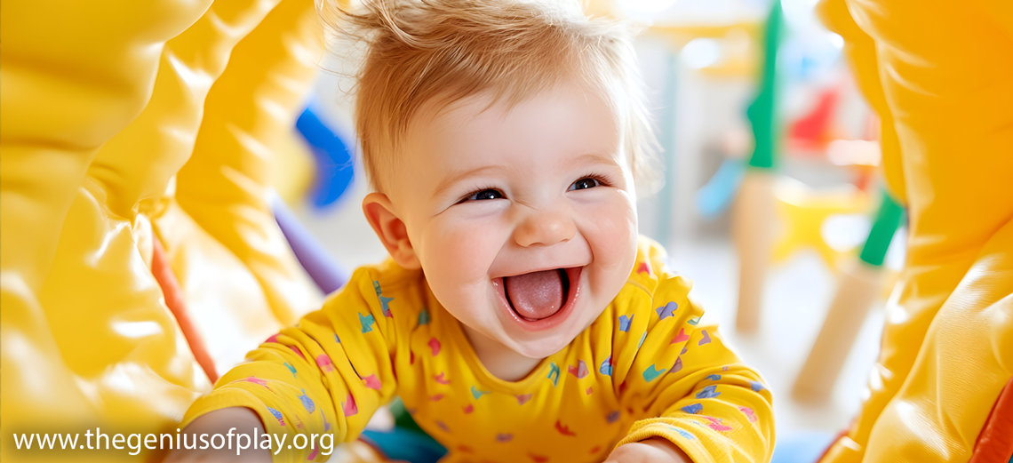 happy toddler smiling and playing in a play tunnel